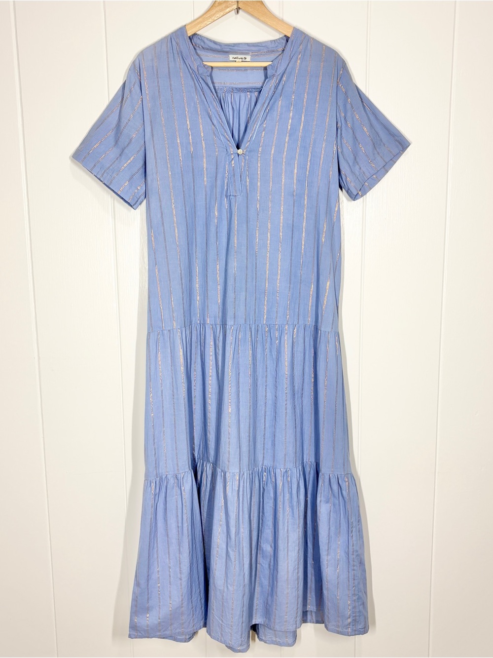 Natura Blue Metallic Stripe Tiered Maxi Dress Size Medium Bohemian Beach